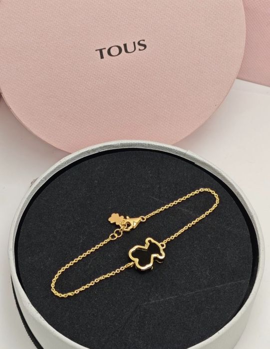 Bransoletka z misiem żółte srebro vermeil 925 czarne szkło akrylowe