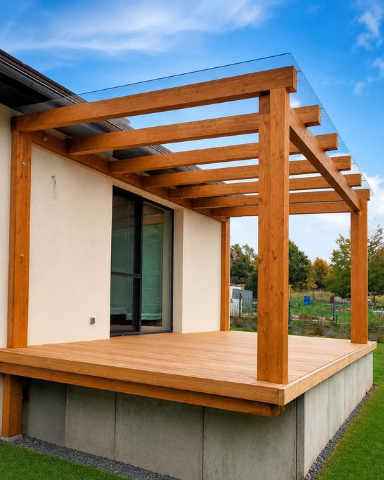 Pergola tarasowa Nowy Sącz | drewno BSH GL24 | zadaszenie