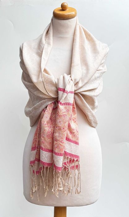Szal Szalik Narzutka Kaszmir Pashmina Wzory Kremowy 170 cm