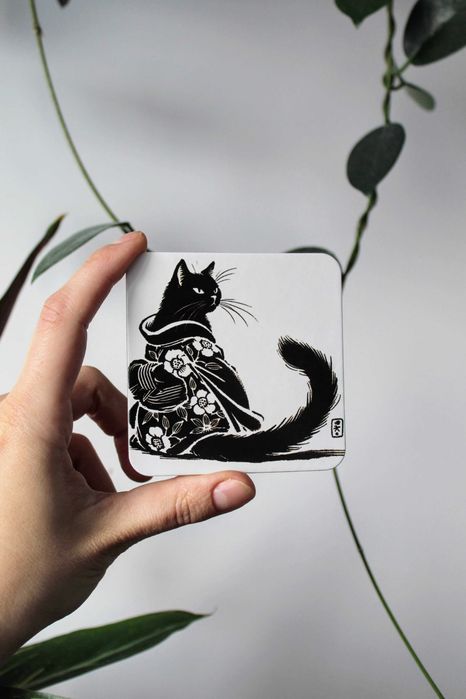 Podkładki pod kubek  Czarny kot w kimonie