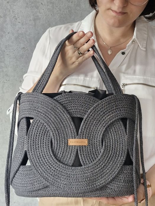 Torebka ze sznurka handmade ciemny szary piękna