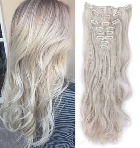 Doczepiane włosy clip in 65 cm srebrny blond fale