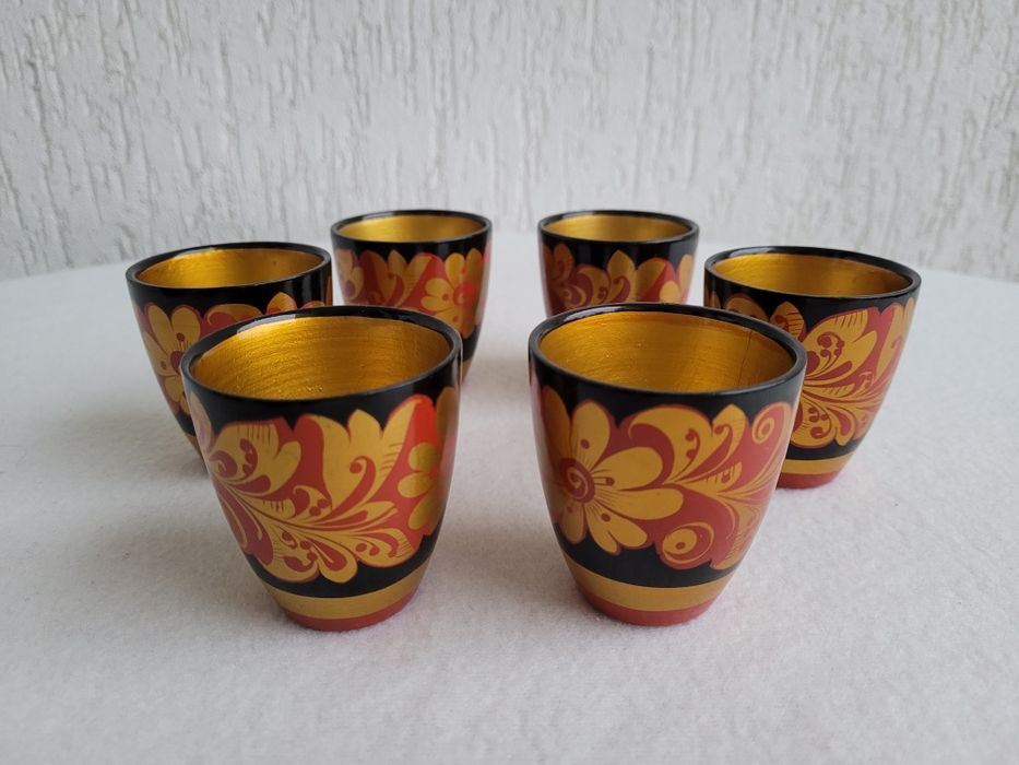 Drewniane kubeczki malowane, rękodzieło rosyjskie vintage