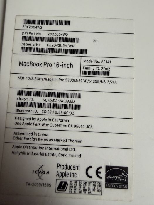 Macbook Pro 16” Touch Bar i7/32/500 Bateria 256 Cykli