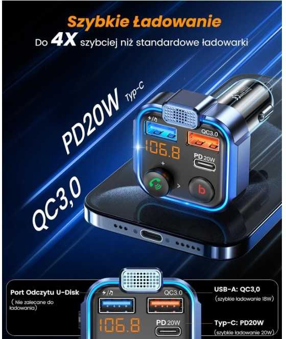 Transmiter samochodowy Bluetooth FM, szybka ładowarka LENCENT BT23