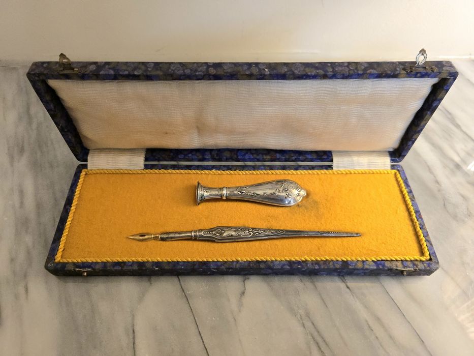 Conjunto Antigo – Sinete e Caneta de Aparo em Prata (Cabeça de Javali)