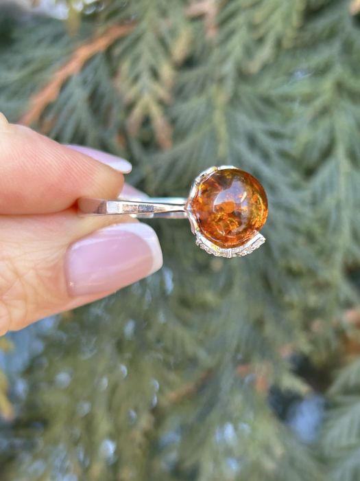 Срібний набір з золотом і натуральним бурштином, сережки+каблучка