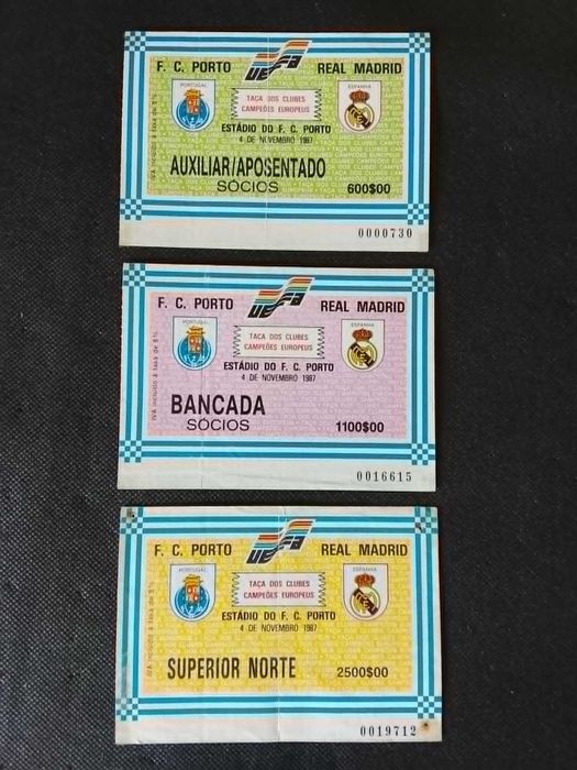 Bilhetes do FC Porto Real Madrid da Taça dos Campeões Europeus.