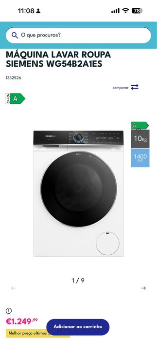 Máquina de Lavar Roupa iQ700 WG54B2A1ES Dos, de 10 kg e de 1400 rpm