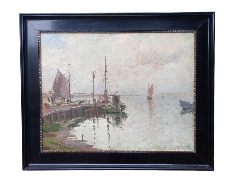 Nastrojowy pejzaż, rybacka marina, olej/płótno