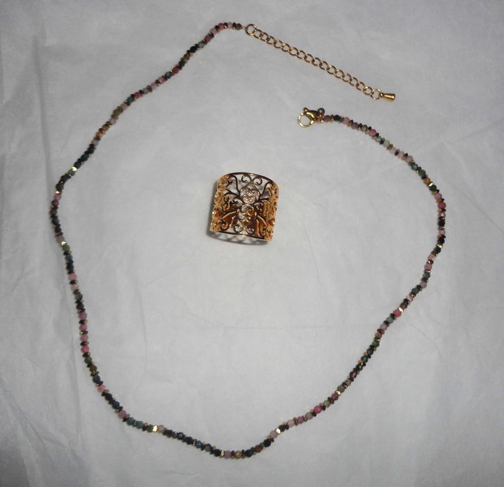 Colar/ fio pedra natural e anel aço