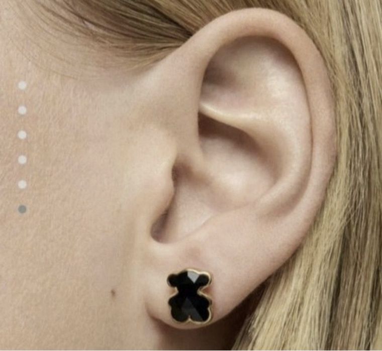 Kolczyki z misiem 10 mm żółte srebro vermeil 925 z onyksem