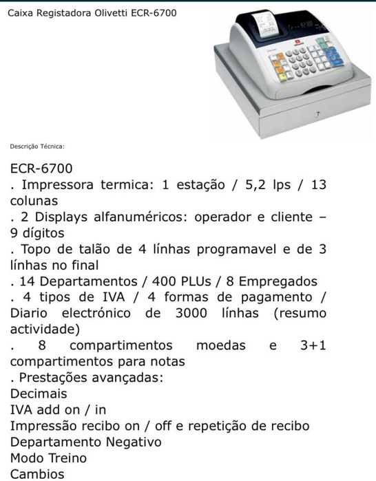 Registadora Olivetti ECR 6700 Plus programada