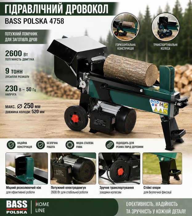 Гідравлічний горизонтальний дровокол Bass Polska 2600 Вт, 9 тонн Оригінал гарантія колун электрический гидравлического типа для дров колод дроворез