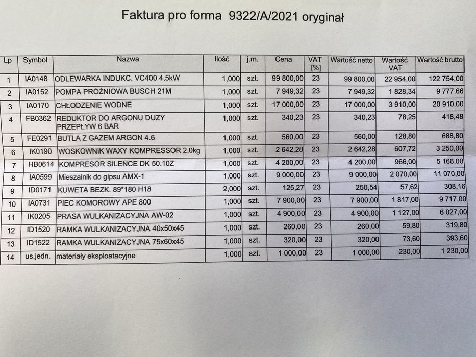 Piec odlewniczy Indutherm VC400 + chłodziarka + pompa Busch