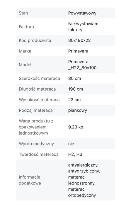 MiaSuite Primavera H22 materac piankowy, poliuretan, 80 x 190cm