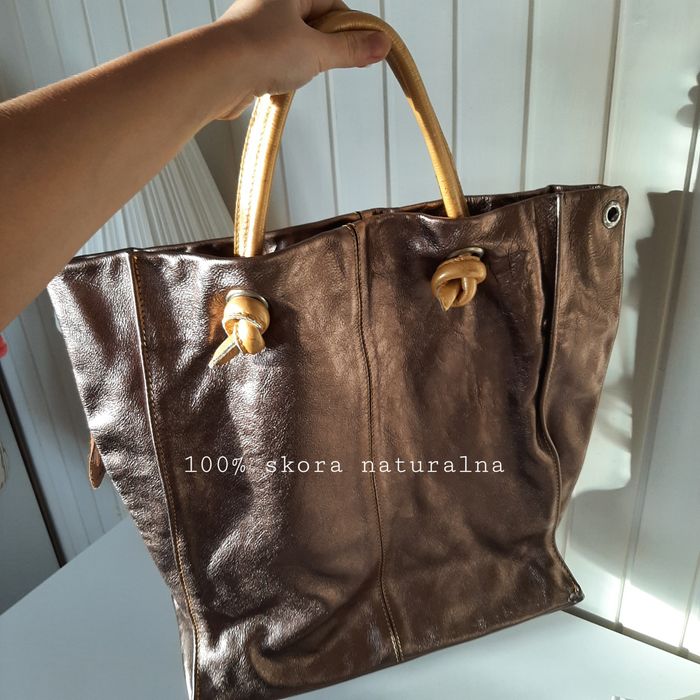 Włoska złota srebrna skórzana duża torba shopper