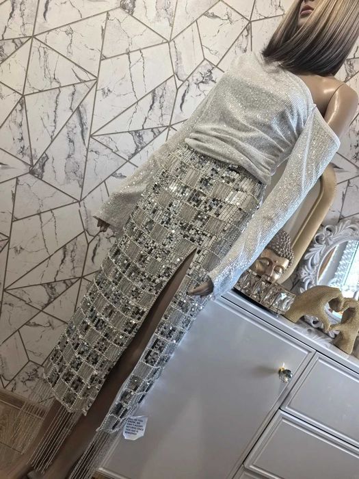 Asos piękna cekiny frędzle 42 XL impreza wesele sylwester