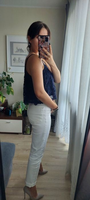 Granatowy croptop top koronka róże hafty New Yorker XS 34