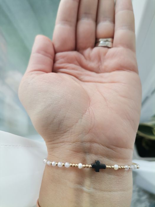 Bransoletka różaniec krzyżyk perły cyrkonia stal szlachetna regulacja