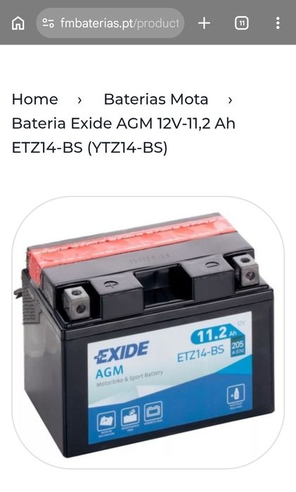 Bateria Mota Exide ETZ14-BS 11,2Ah 205A