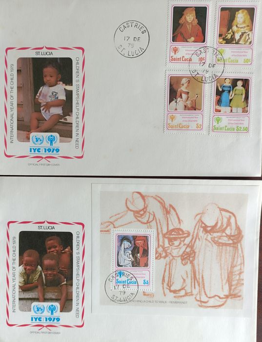 Lote composto por 71 Envelopes de 1º Dia (FDC) oficiais com selos temáticos emitidos pela UNICEF em dezenas de países. Excelente estado de preservação