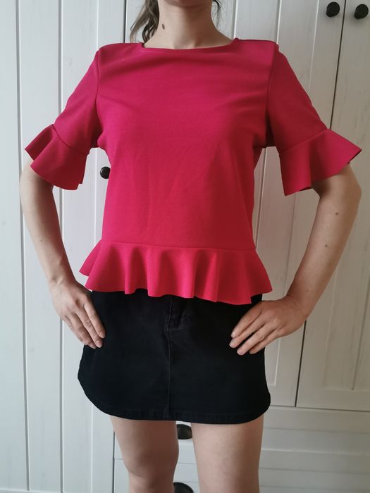 Bluzka damska letnia impreza elegancka basic barbie falbanki fuksja