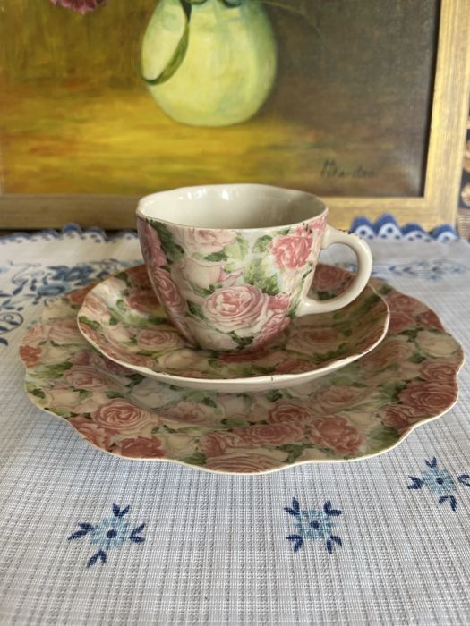 Piękny zestaw śniadaniowy trio Krömer Collection / Porcelana w róże
