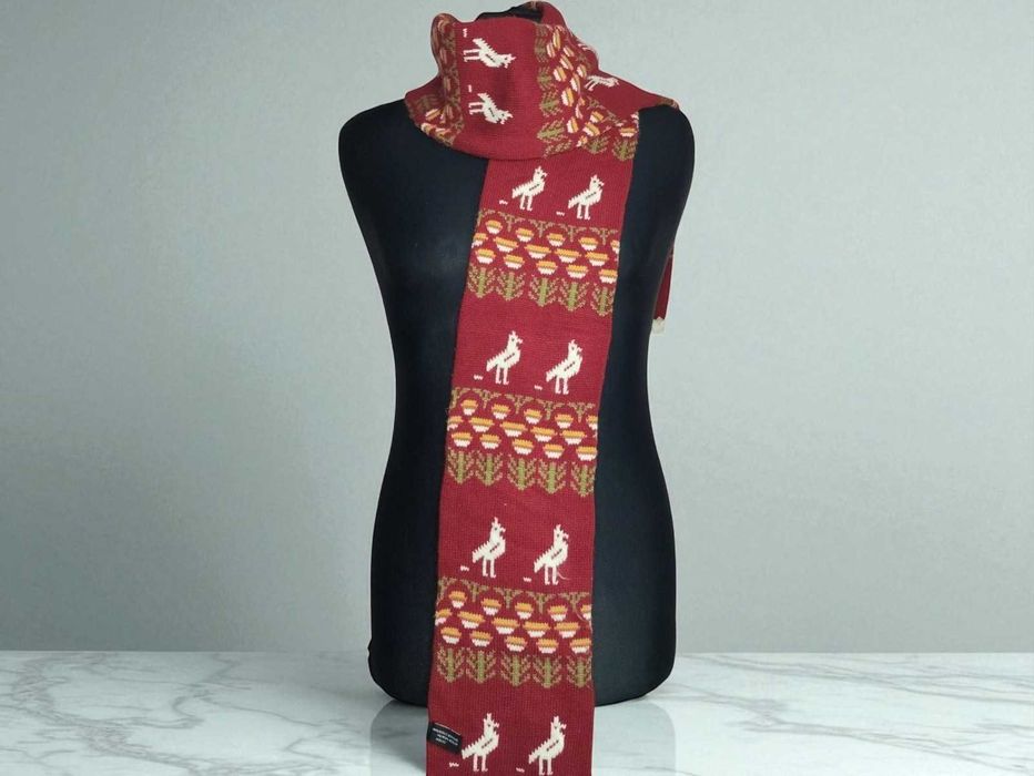 Стильний червоний в'язаний шарф з пташками - ідеальний стан!