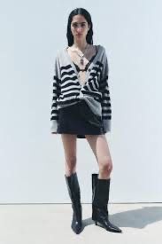 ZARA Sweter szary rozpinany kardigan w paski oversize 100 % wełna M
