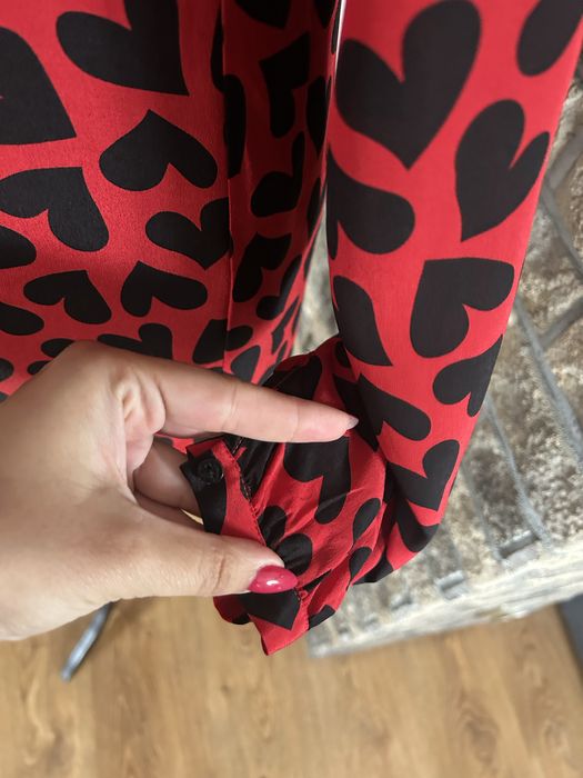 Czerwona koszula bluzka w serca jedwabna 34/36 jedwab szal