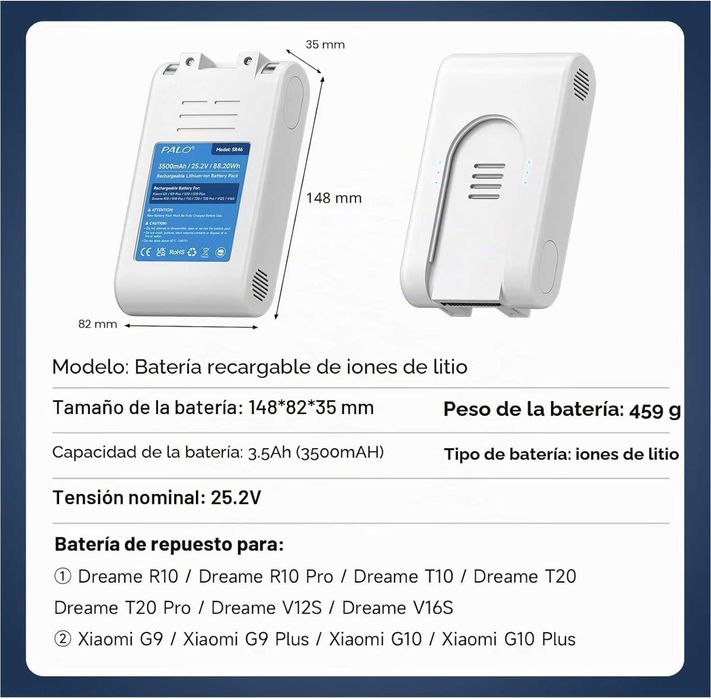 Bateria para aspirador Xiaomi G9, G9 Plus, G10, G10 Plus, Dreame R10, R10 Pro, T10, T20, T20 Pro, V12S, V16S (3500 mAh)