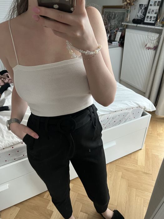 Eleganckie materiałowe spodnie z paskiem Zara XS czarne garniturowe