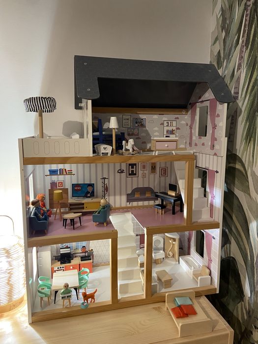 Duży Domek dla lalek drewniany z mebelkami lalkami duzy zestaw