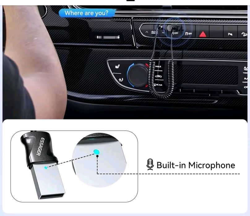 Transmiter samochodowy z mikrofonem  ESSAGER USB bluetooth 5.0 AUX 3.5
