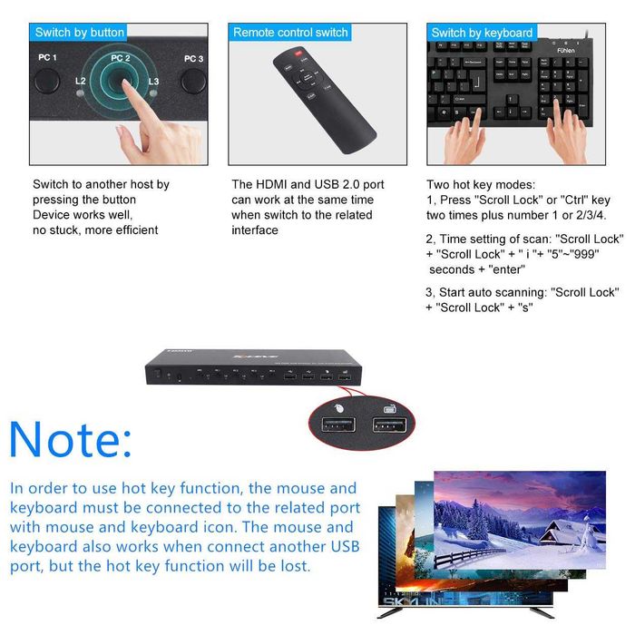 Przełącznik, Switch HDMI KVM 4 porty, 4K 60 Hz, do laptopa, PS, Xbox