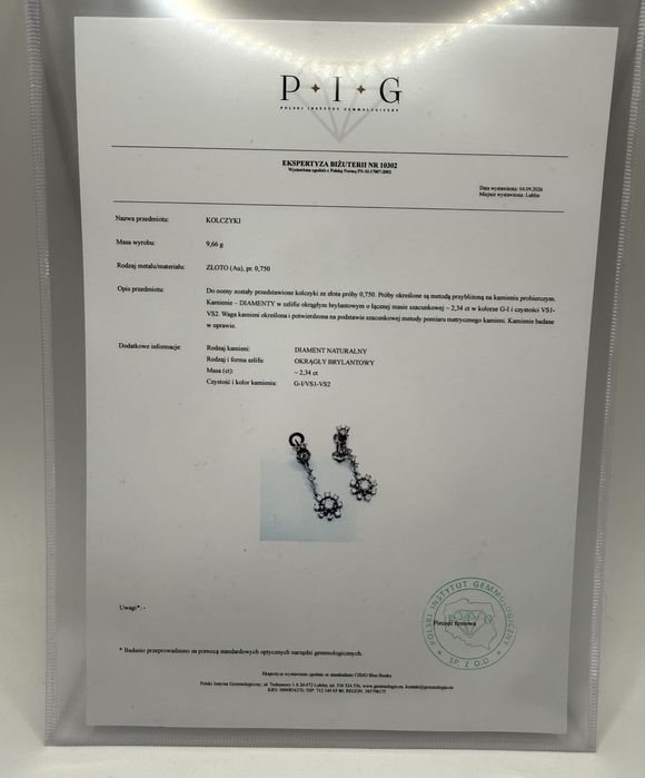 Złote kolczyki 750 z diamentami 2,34ct VS1-VS2/G-I