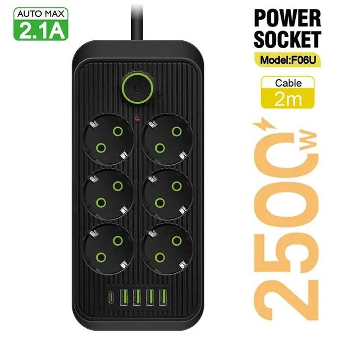 Мережевий фільтр, подовжувач на 6 розетки, 2 м, 2500 Вт