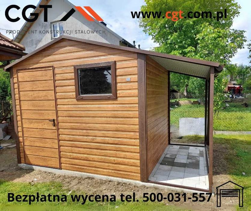 Blaszany domek ogrodowy 3x2,5 z wiatą 1x2,5 w POZIOMIE