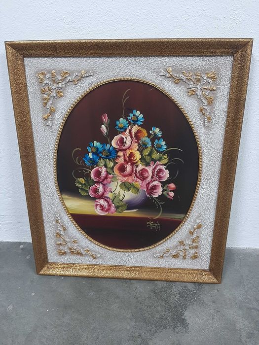 Quadro com pintura a óleo em moldura de madeira