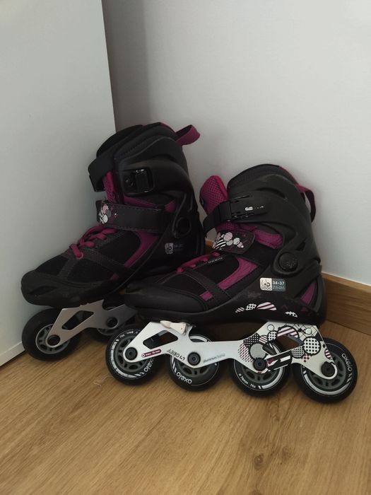 Patins oxelo preto e rosa + proteções