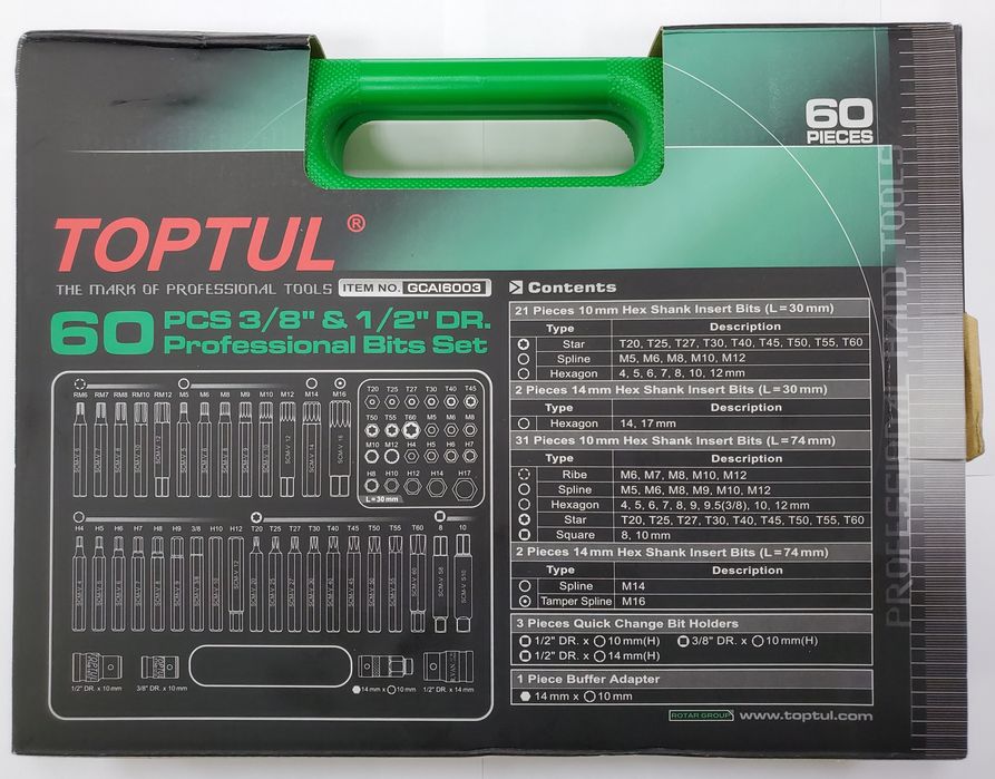 Набор бит Torx, Hex, Spline, Ribe, SQ 60oд. GCAI600З TOPTUL