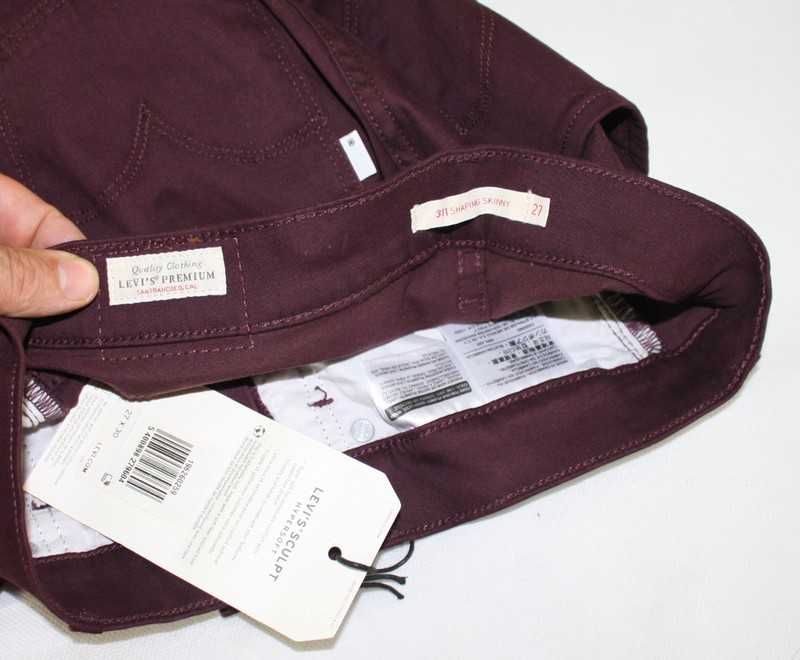 Damskie jeansy Levi's 311 - Skinny bordowe rurki Levis nowe - W27/L30