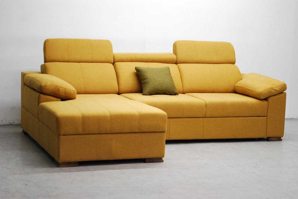 RIŁ Nowt żółty, złoty  NAROŻNIK z funkcją spania pojemnik na pościel kanapa rogówka wygodny nowoczesny relowane zagłówki