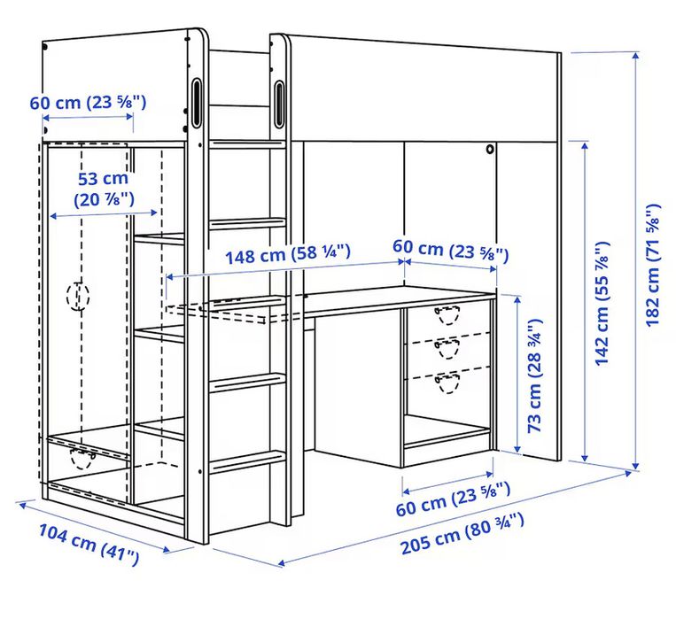 Cama alta com secretaria e cadeira modelo IKEA SMASTAD