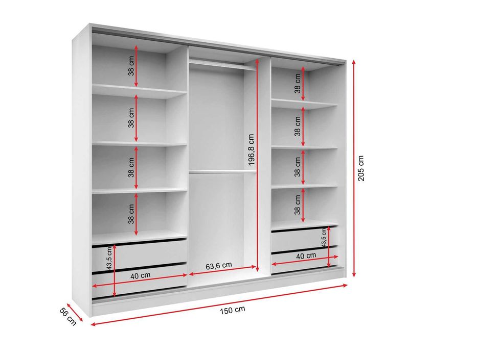 Szafa przesuwna Black  150x205x56 4xszuflady z  lustrem