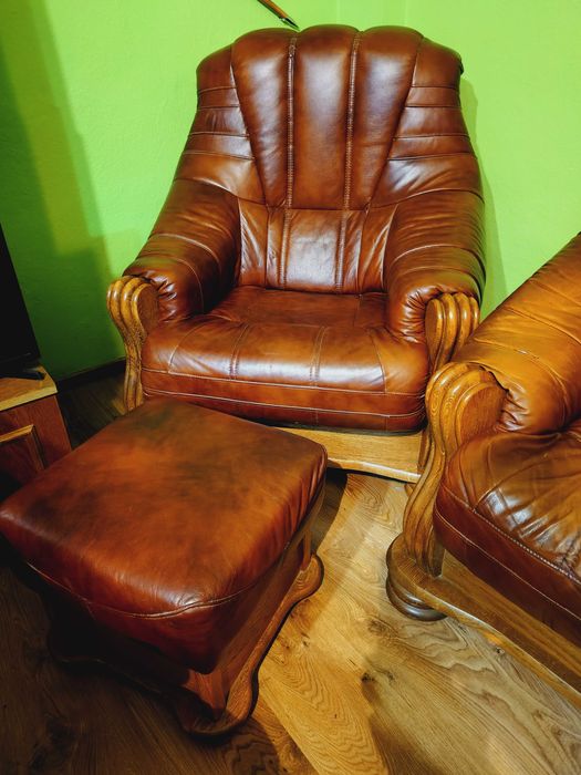 Komplet Dębowo skórzany brązowy drewno skóra sofa wersalka tapczan dąb