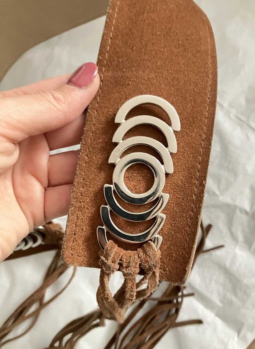 Skórzany pasek brązowy zamsz wiązany ozdobny 85 cm boho