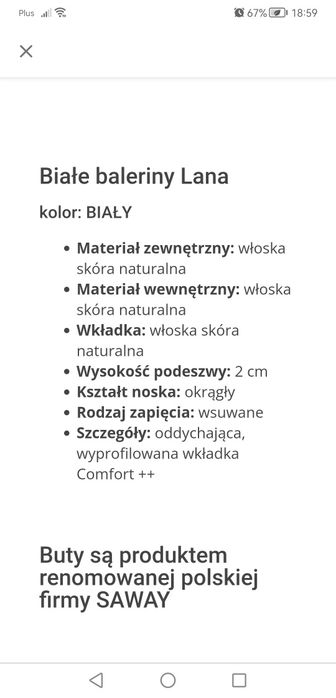 Baleriny saway SKÓRA LANA BIAŁE 36