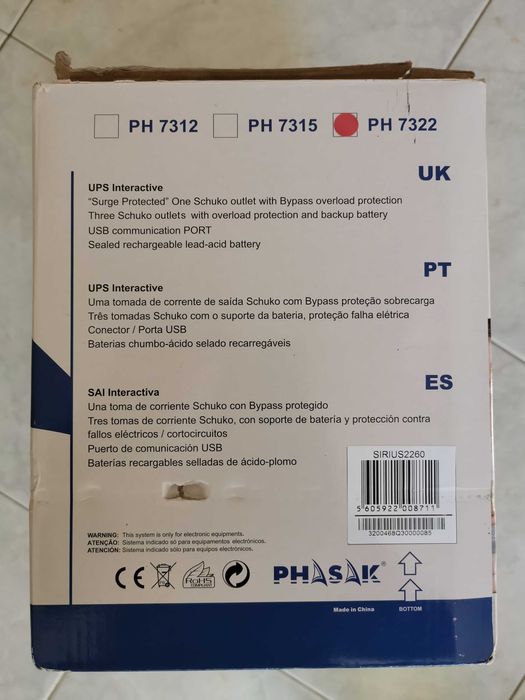 Phasak UPS Interactiva SIRIUS 2260VA PH7322 com Baterias Novas